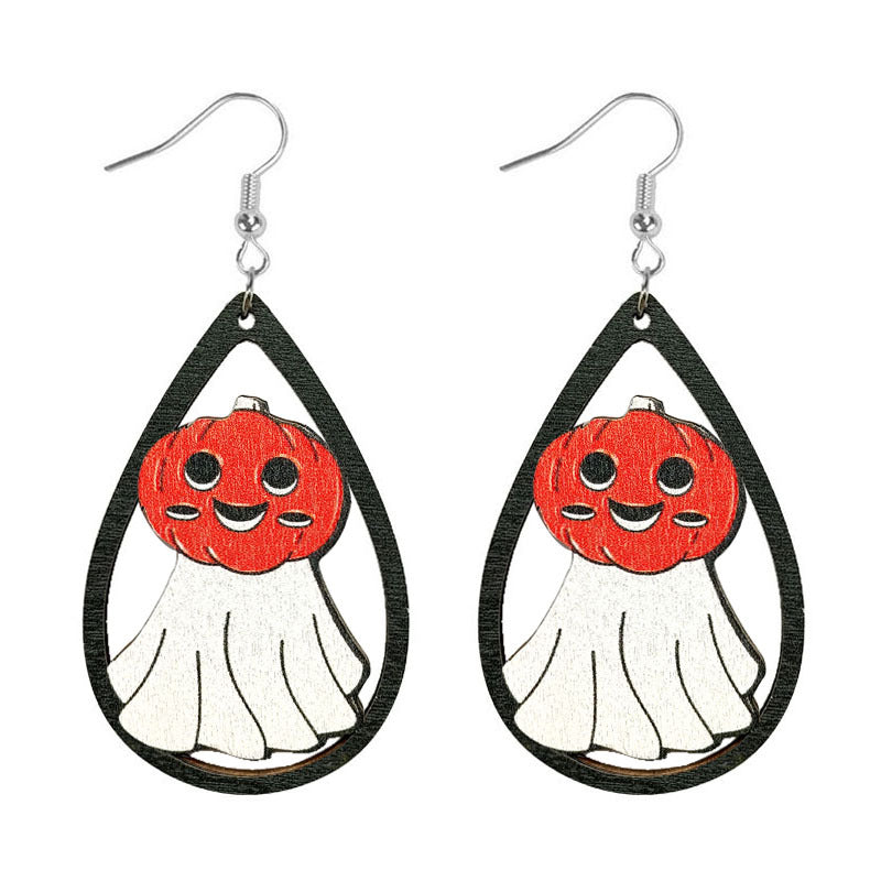 Wholesale Halloween Water Drop Ghost Skull Print Pendant Wooden Earrings